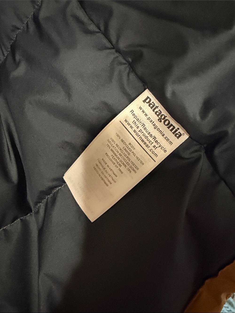 Patagonia Tan and Navy Hooded Puffer Vest - Picture 3 of 10